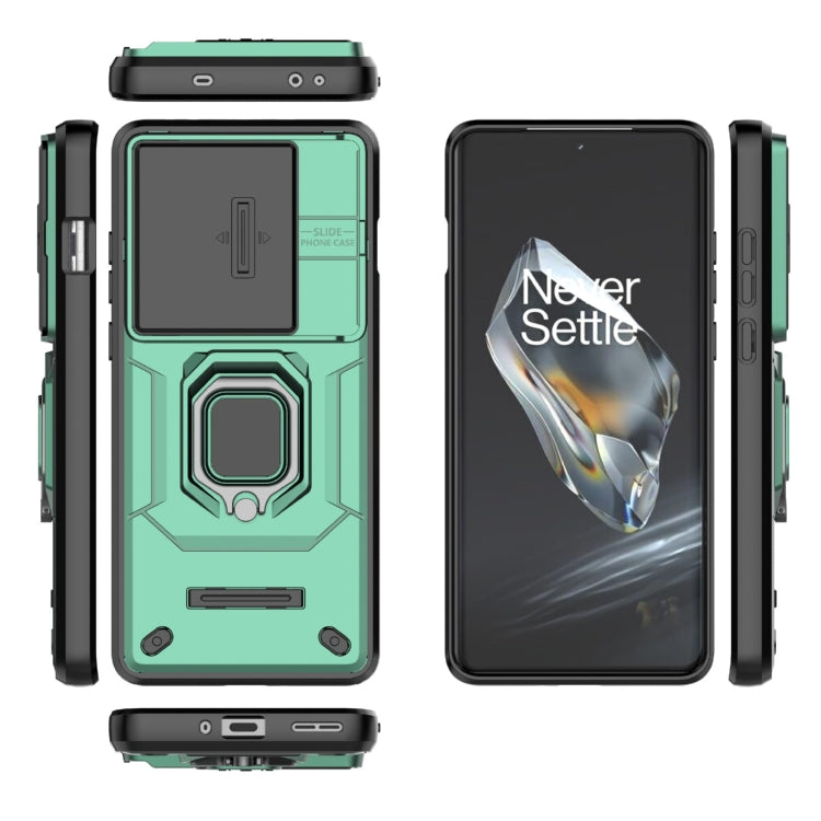 For OnePlus 12 5G Sliding Camshield TPU + PC Shockproof Phone Case with Holder(Green)