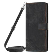 For Motorola Moto G Play 2024 Skin Feel Stripe Pattern Leather Phone Case with Lanyard(Black)
