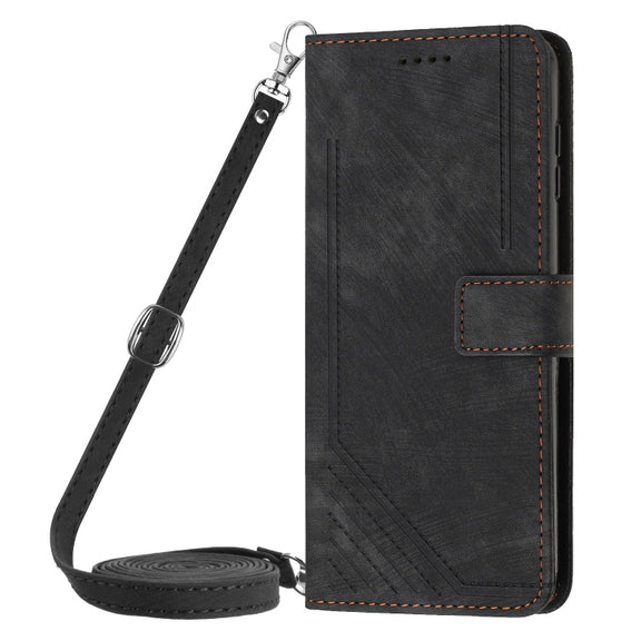 For Motorola Moto G Play 2024 Skin Feel Stripe Pattern Leather Phone Case with Lanyard(Black)