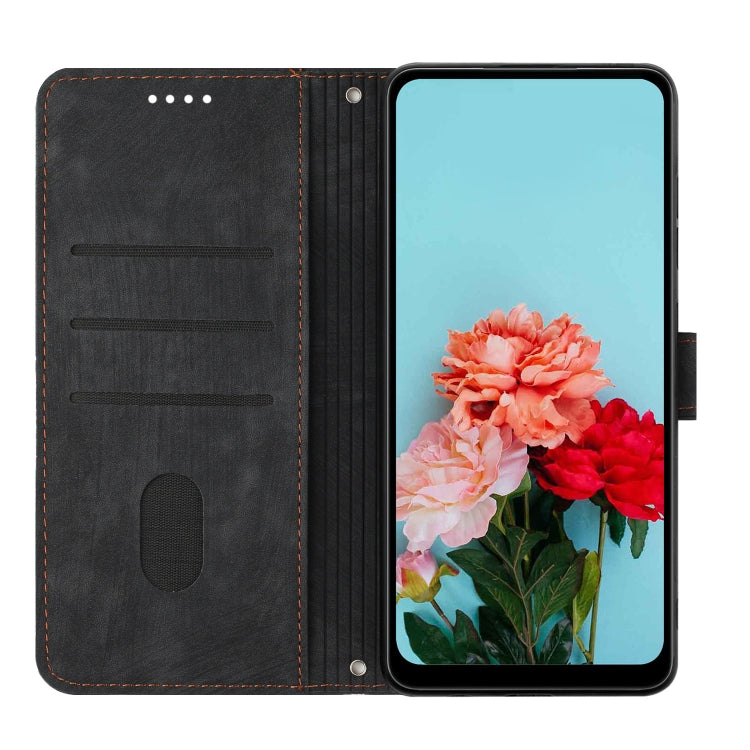 For Motorola Moto G Play 2024 Skin Feel Stripe Pattern Leather Phone Case with Lanyard(Black)
