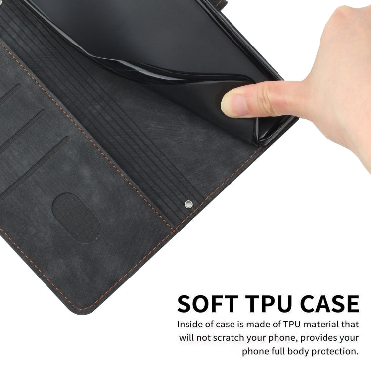 For Motorola Moto G Play 2024 Skin Feel Stripe Pattern Leather Phone Case with Lanyard(Black)