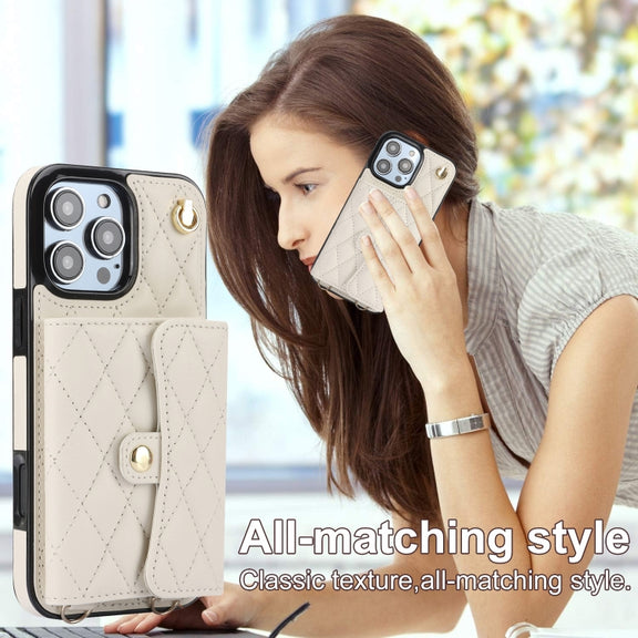 For iPhone 16 Pro Crossbody Rhombic Horizontal Wallet Leather Phone Case(White)