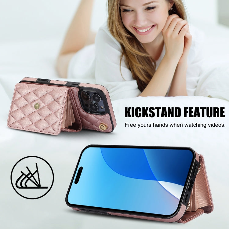 For iPhone 16 Pro Crossbody Rhombic Horizontal Wallet Leather Phone Case(Rose Gold)