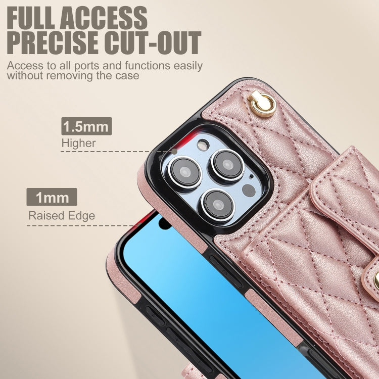 For iPhone 16 Pro Crossbody Rhombic Horizontal Wallet Leather Phone Case(Rose Gold)