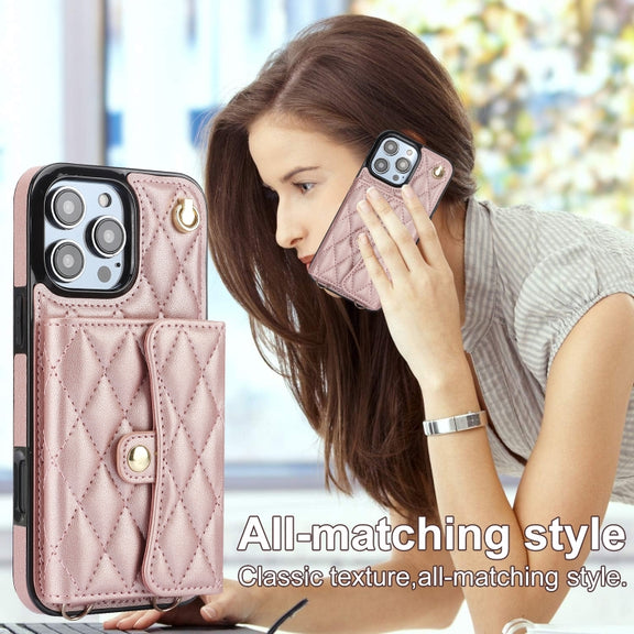 For iPhone 16 Pro Crossbody Rhombic Horizontal Wallet Leather Phone Case(Rose Gold)