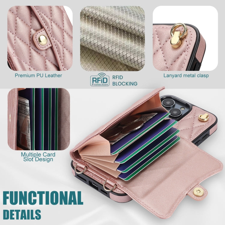 For iPhone 16 Pro Crossbody Rhombic Horizontal Wallet Leather Phone Case(Rose Gold)