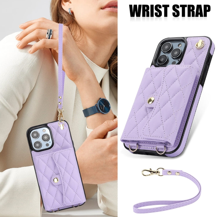 For iPhone 16 Pro Crossbody Rhombic Horizontal Wallet Leather Phone Case(Purple)
