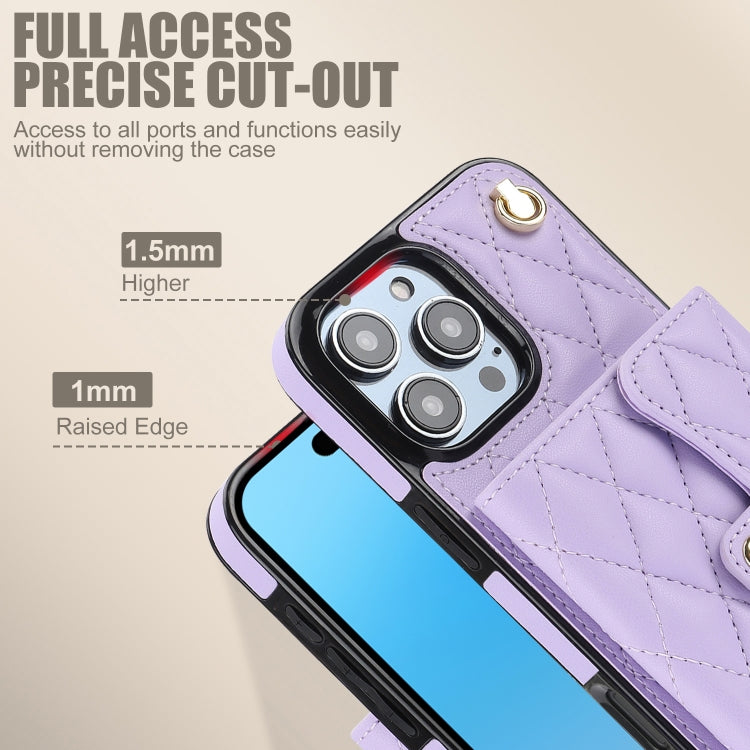 For iPhone 16 Pro Crossbody Rhombic Horizontal Wallet Leather Phone Case(Purple)