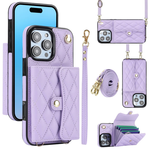 For iPhone 16 Pro Crossbody Rhombic Horizontal Wallet Leather Phone Case(Purple)