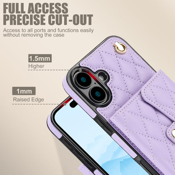 For iPhone 16 Plus Crossbody Rhombic Horizontal Wallet Leather Phone Case(Purple)