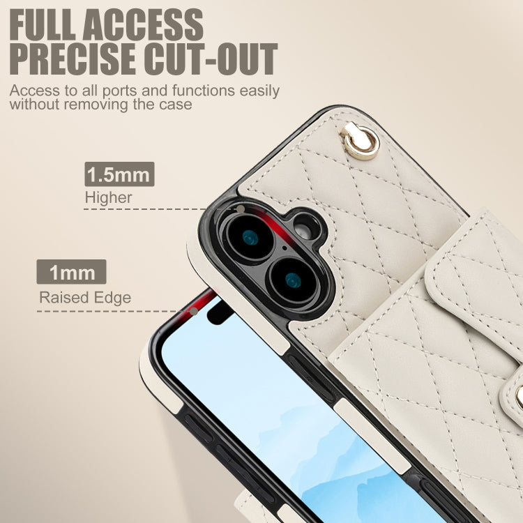 For iPhone 16 Crossbody Rhombic Horizontal Wallet Leather Phone Case(White)