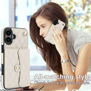 For iPhone 16 Crossbody Rhombic Horizontal Wallet Leather Phone Case(White)