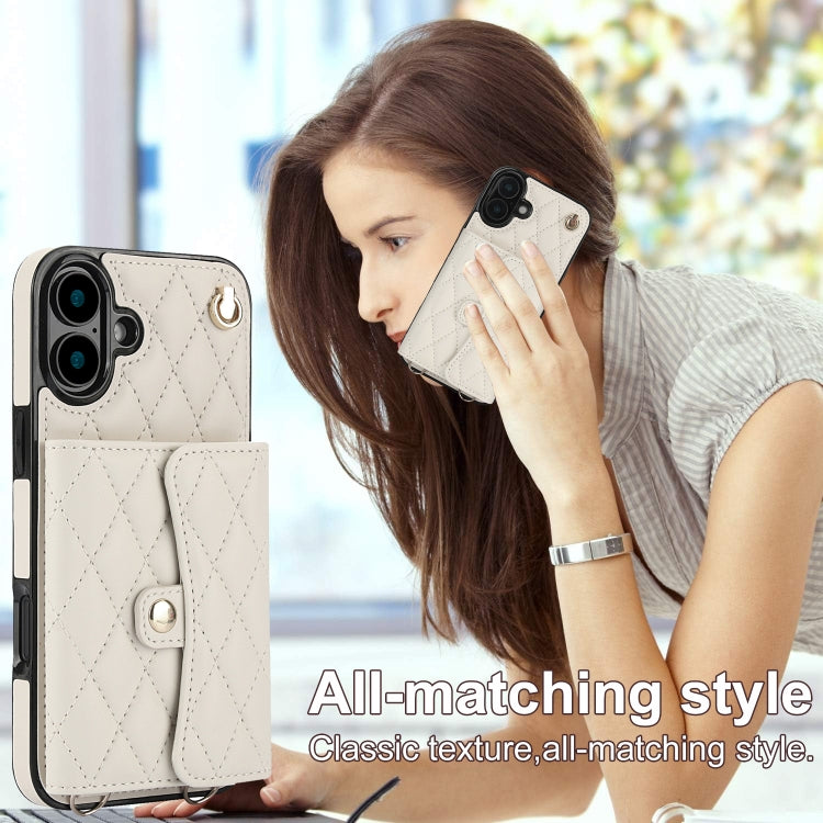 For iPhone 16 Crossbody Rhombic Horizontal Wallet Leather Phone Case(White)