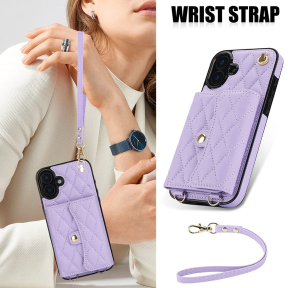 For iPhone 16 Crossbody Rhombic Horizontal Wallet Leather Phone Case(Purple)