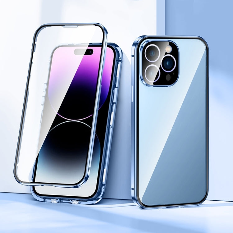 For iPhone 15 Pro Magnetic Double-buckle HD Tempered Glass Phone Case(Blue)