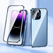 For iPhone 15 Pro Magnetic Double-buckle HD Tempered Glass Phone Case(Blue)