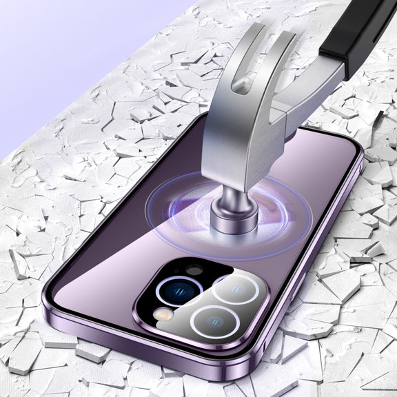 For iPhone 15 Pro Magnetic Double-buckle HD Tempered Glass Phone Case(Blue)