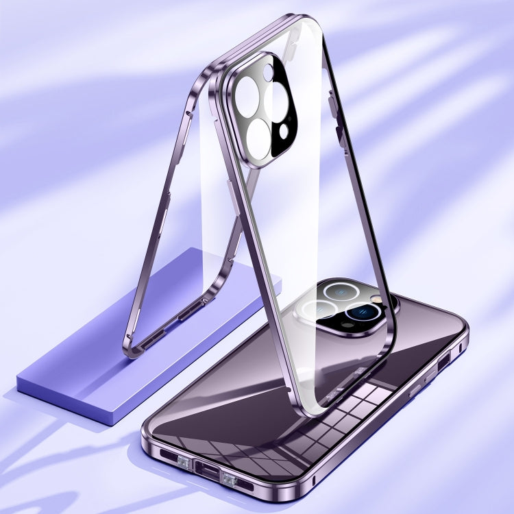 For iPhone 15 Pro Magnetic Double-buckle HD Tempered Glass Phone Case(Blue)