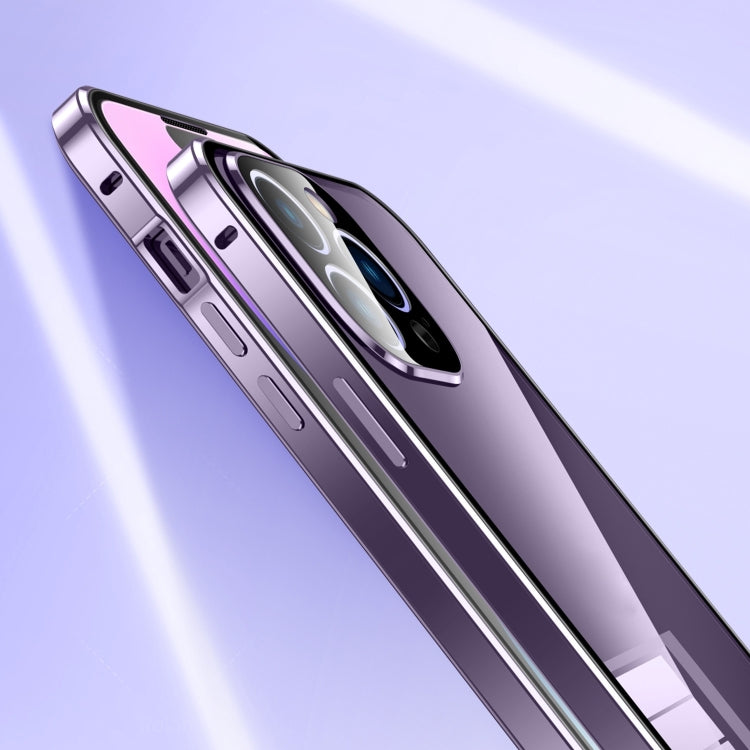 For iPhone 15 Pro Magnetic Double-buckle HD Tempered Glass Phone Case(Blue)