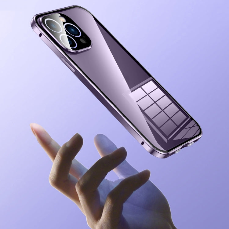 For iPhone 15 Pro Magnetic Double-buckle HD Tempered Glass Phone Case(Blue)