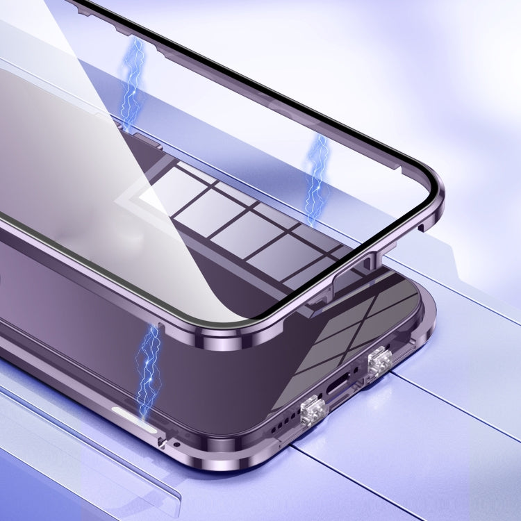 For iPhone 15 Pro Magnetic Double-buckle HD Tempered Glass Phone Case(Blue)