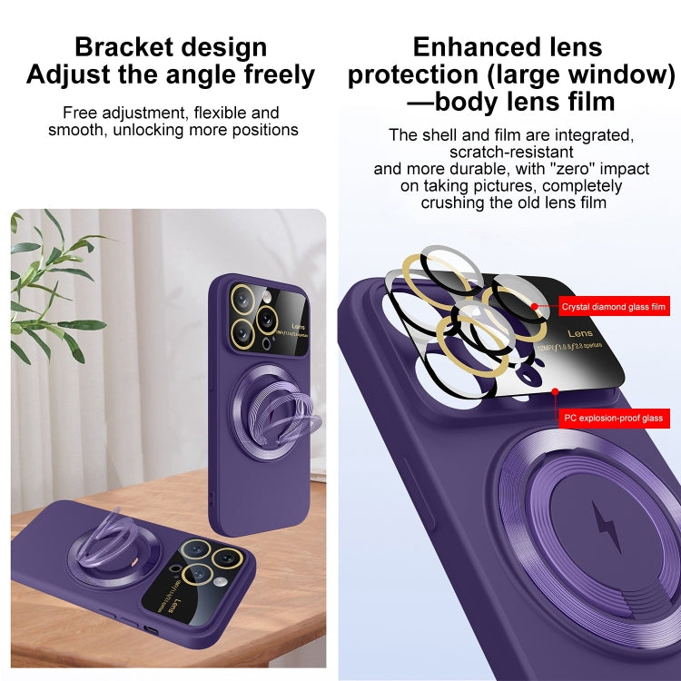 For iPhone 15 Pro Large Window MagSafe Magnetic Holder Phone Case(Dark Purple)