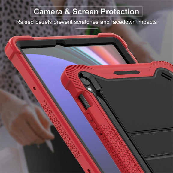 For Samsung Galaxy Tab S9 Shockproof Silicone Hybrid PC Tablet Case with Holder(Black + Red)