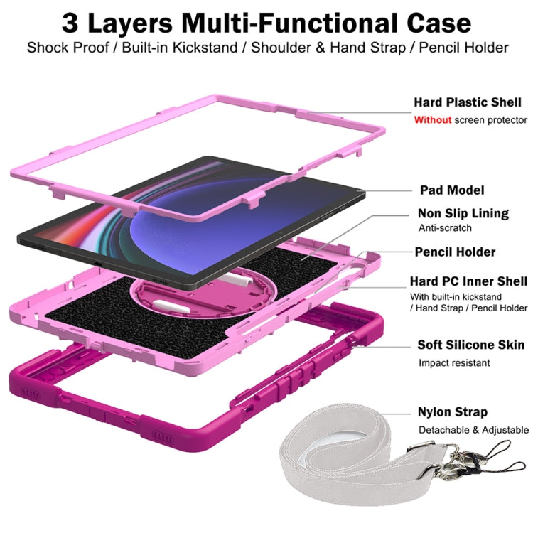 For Samsung Galaxy Tab S9+ 360 Degree Rotation PC Contrast Silicone Tablet Case(Rose Red + Pink)
