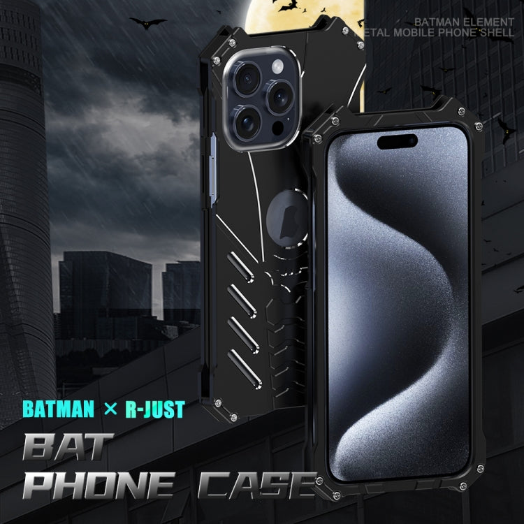 For iPhone 15 Pro Max R-JUST Batman Hollow Metal Phone Protective Case(Black)