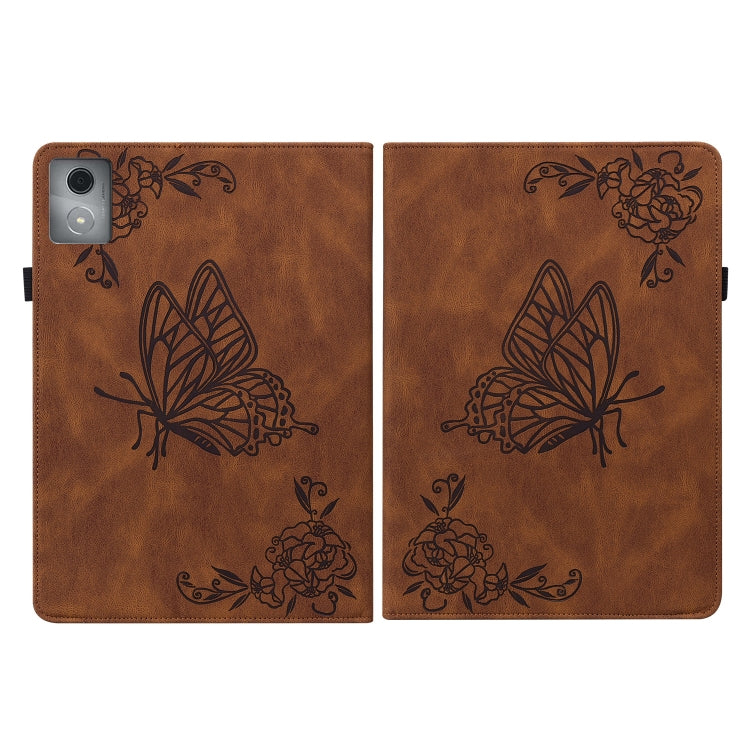 For Lenovo Tab K11 Plus Butterfly Flower Embossed Leather Tablet Case(Brown)