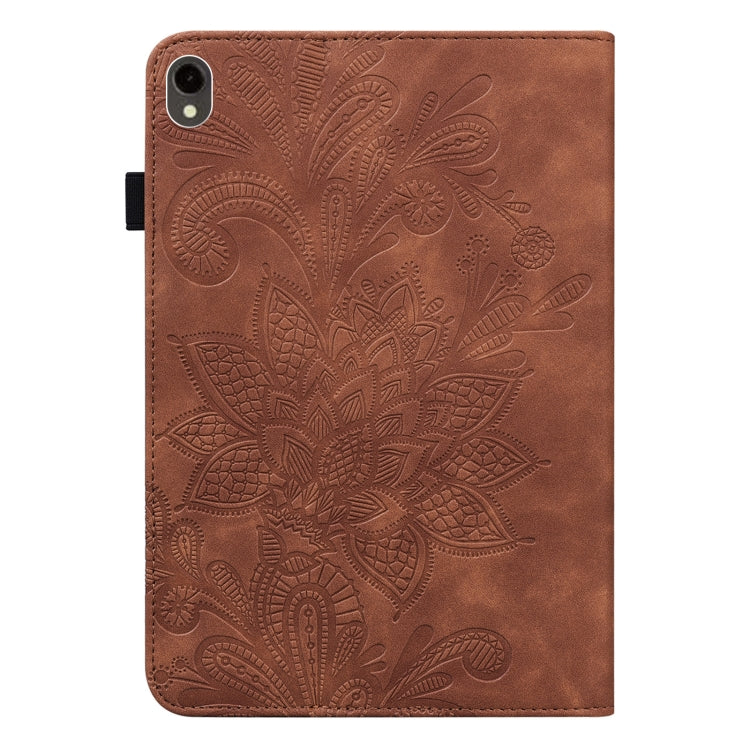 For Samsung Galaxy Tab S9 Lace Flower Embossing Pattern PU Tablet Case(Brown)