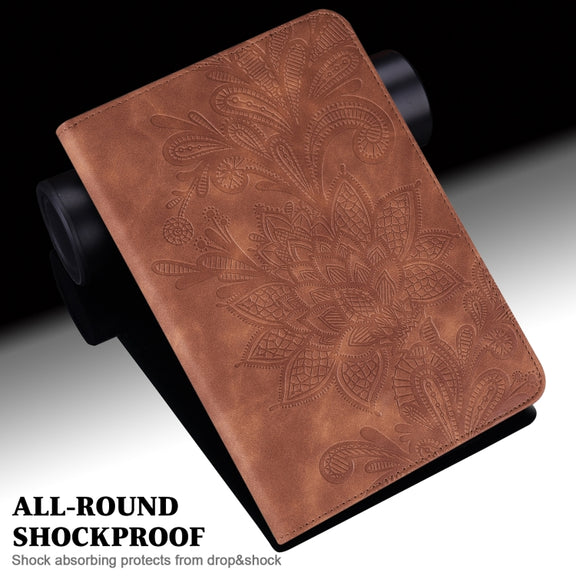 For Samsung Galaxy Tab S9 Lace Flower Embossing Pattern PU Tablet Case(Brown)