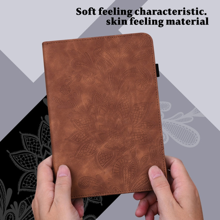 For Samsung Galaxy Tab S9 Lace Flower Embossing Pattern PU Tablet Case(Brown)