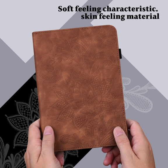 For Samsung Galaxy Tab S9 Lace Flower Embossing Pattern PU Tablet Case(Brown)