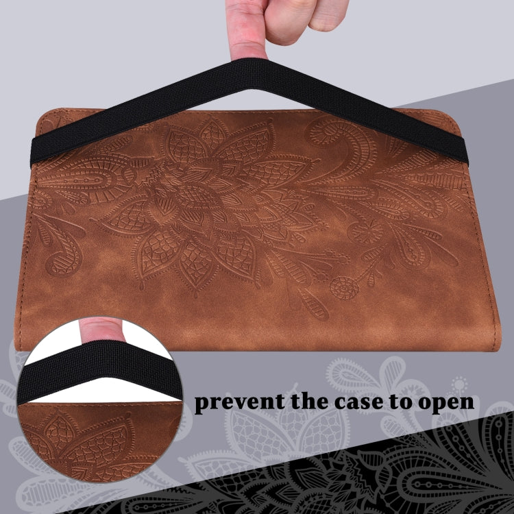 For Samsung Galaxy Tab S9 Lace Flower Embossing Pattern PU Tablet Case(Brown)