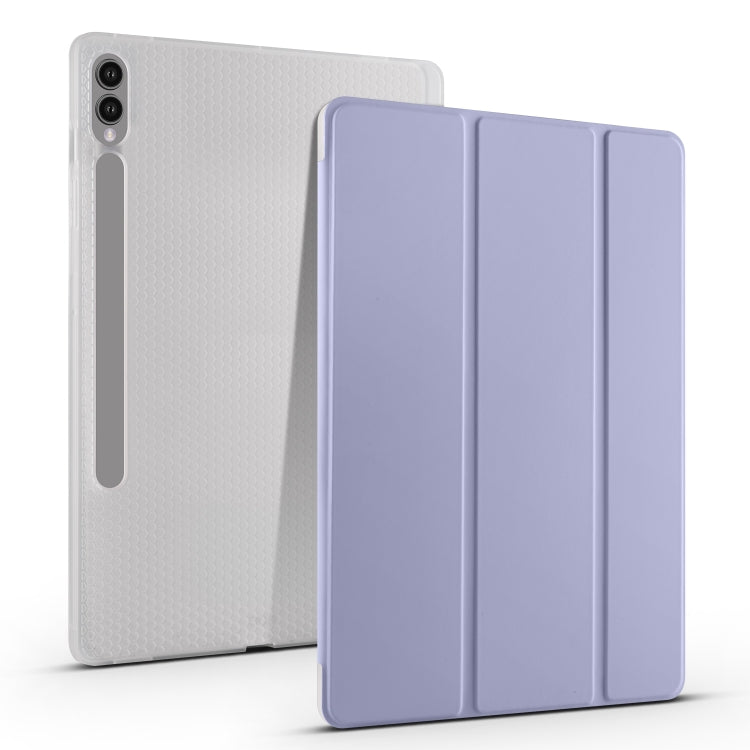 For Samsung Galaxy Tab S10+ / S9+ 3-folding Transparent TPU Smart Leather Tablet Case with Pen Slot(Lavender)