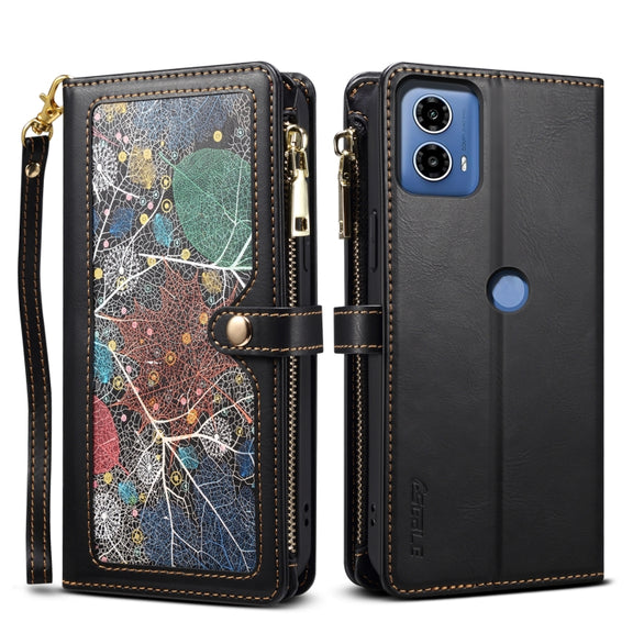 For Motorola Moto G04 / G24 ESEBLE Star Series Lanyard Zipper Wallet RFID Leather Case(Black)