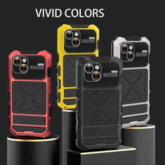 For iPhone 15 Plus R-JUST Metal + Silicone + Tempered Glass Life Water-resistant Phone Case with Holder(Red)