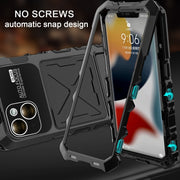 For iPhone 15 R-JUST Metal + Silicone + Tempered Glass Life Water-resistant Phone Case with Holder(Black)