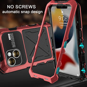 For iPhone 15 R-JUST Metal + Silicone + Tempered Glass Life Water-resistant Phone Case with Holder(Red)
