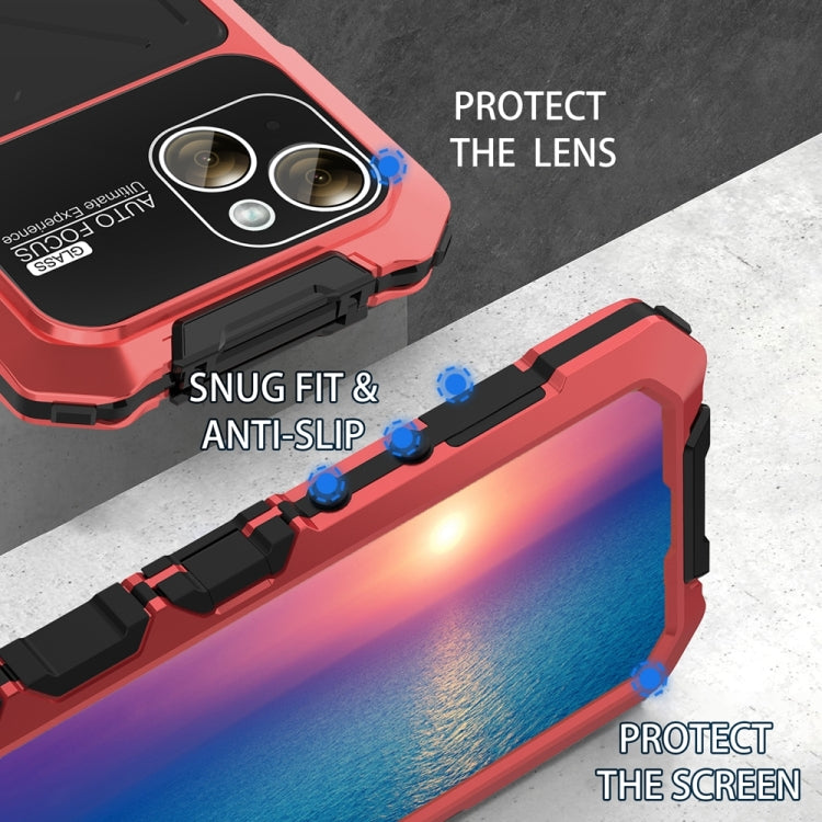 For iPhone 15 R-JUST Metal + Silicone + Tempered Glass Life Water-resistant Phone Case with Holder(Red)