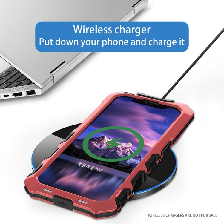 For iPhone 15 R-JUST Metal + Silicone + Tempered Glass Life Water-resistant Phone Case with Holder(Red)