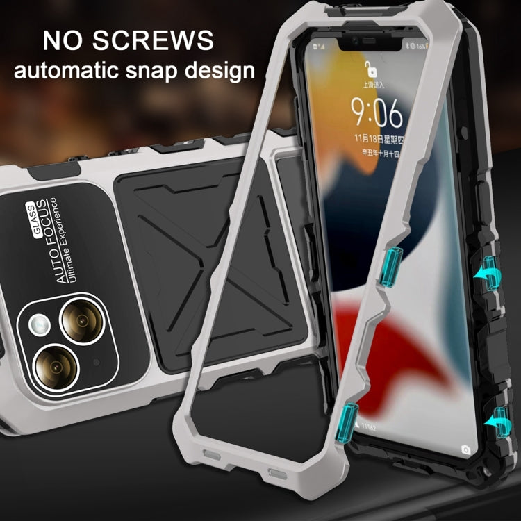 For iPhone 15 R-JUST Metal + Silicone + Tempered Glass Life Water-resistant Phone Case with Holder(Silver)