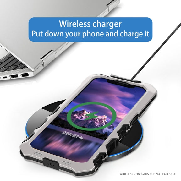 For iPhone 15 R-JUST Metal + Silicone + Tempered Glass Life Water-resistant Phone Case with Holder(Silver)