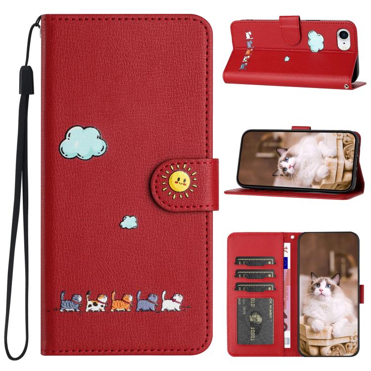 For iPhone 16e Cartoon Cats Leather Phone Case(Red)