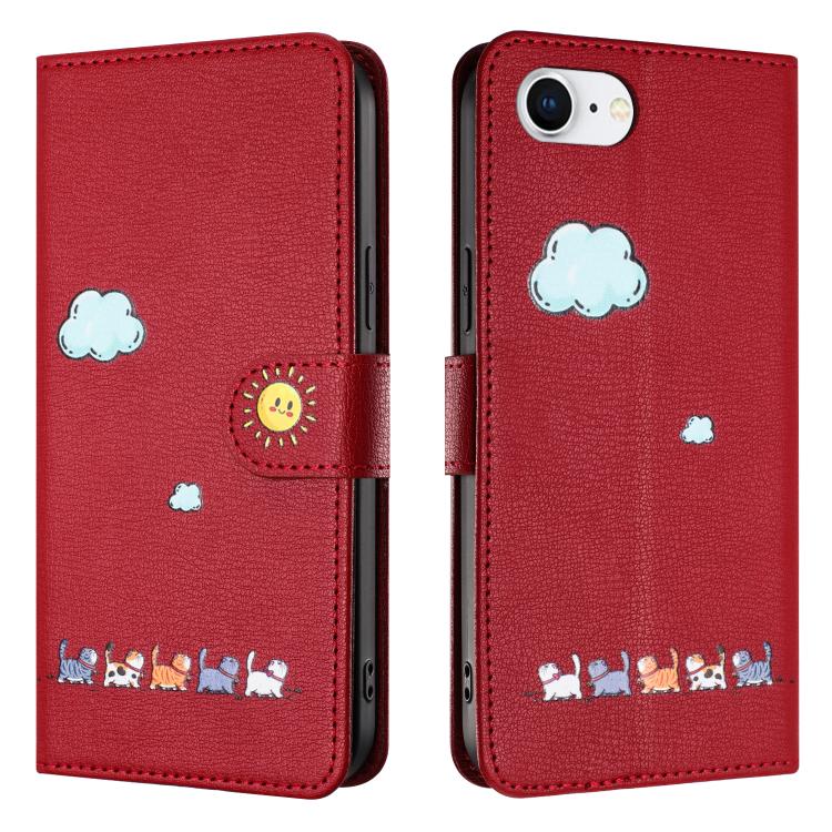 For iPhone 16e Cartoon Cats Leather Phone Case(Red)