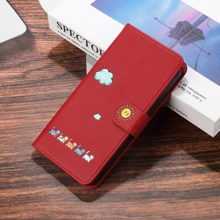 For iPhone 16e Cartoon Cats Leather Phone Case(Red)