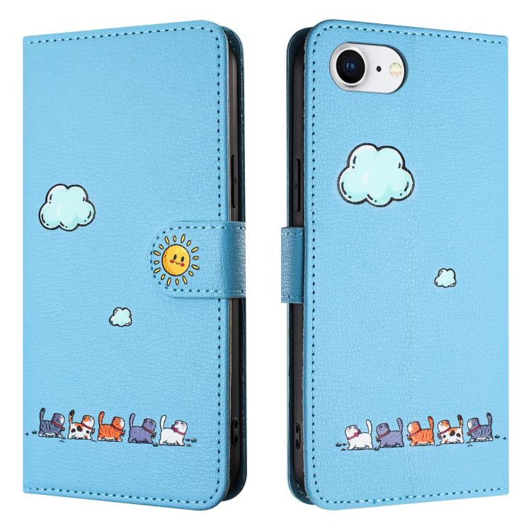 For iPhone 16e Cartoon Cats Leather Phone Case(Blue)