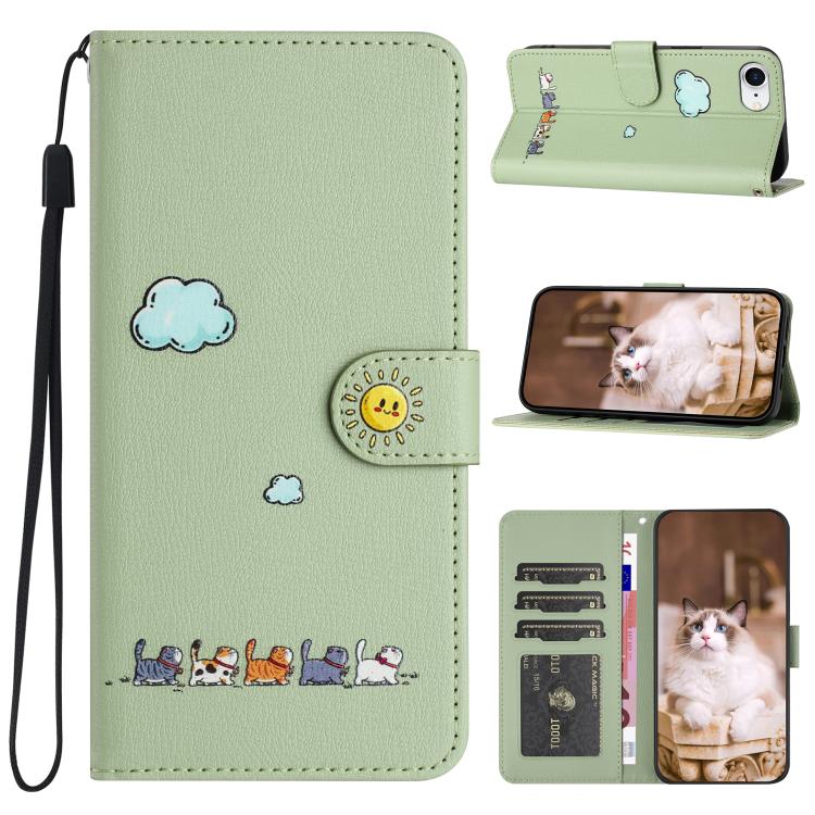 For iPhone 16e Cartoon Cats Leather Phone Case(Green)