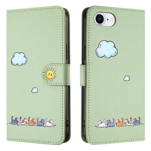 For iPhone 16e Cartoon Cats Leather Phone Case(Green)
